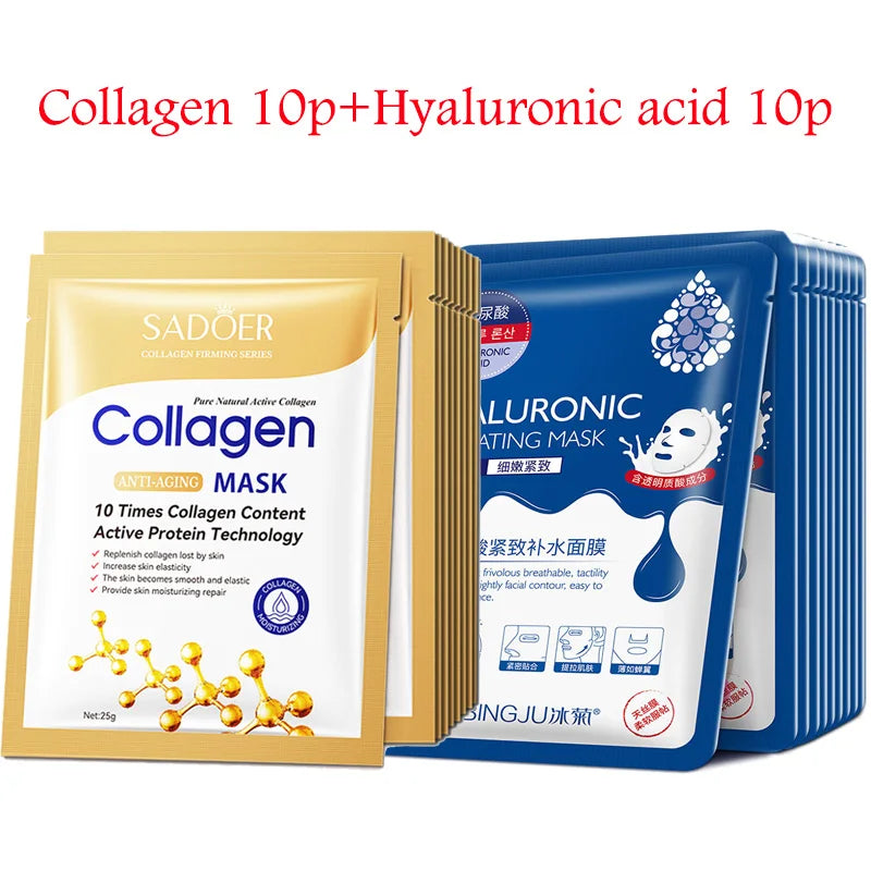 20pcs Hyaluronic Acid Collagen Face Masks - Moisturizing Korean Skin Care Sheets