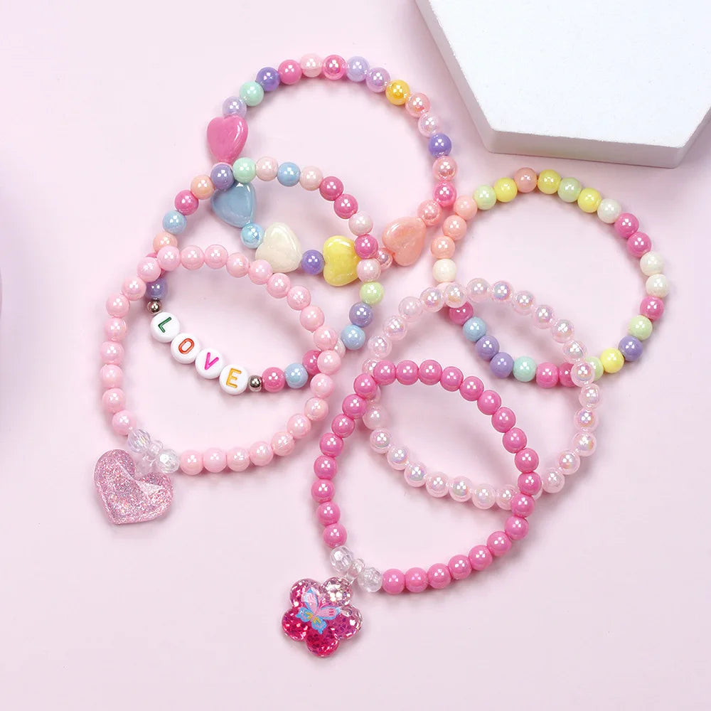 Colorful Acrylic Beaded Bracelet 6-Pack for Kids 3-12 - Rainbow Party Favors with Love Cloud Pendants, Ideal Gifts