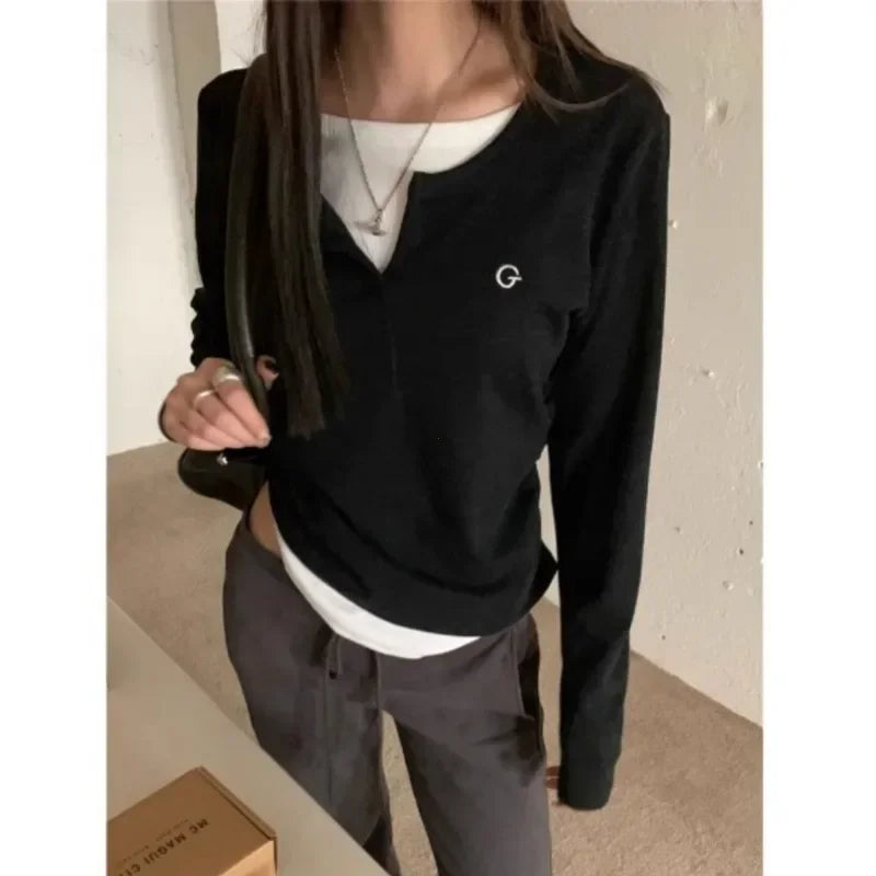 2024 Autumn Winter Long Sleeves Korean Fashion Style O-neck Tshirt For Women Fake two items T-shirts Ladies Top Tee Clothes