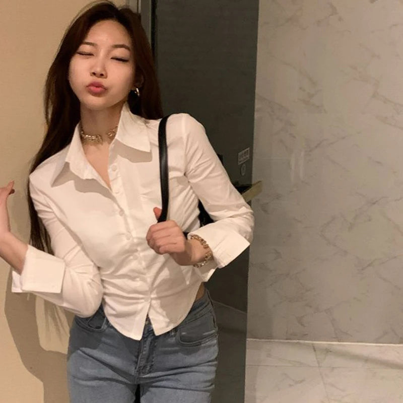 Gidyq Elegant Women Korean Shirts Fashion Streetwear Female Slim Blouse Spring Y2K Casual Office Ladies Sexy Cropped Tops New