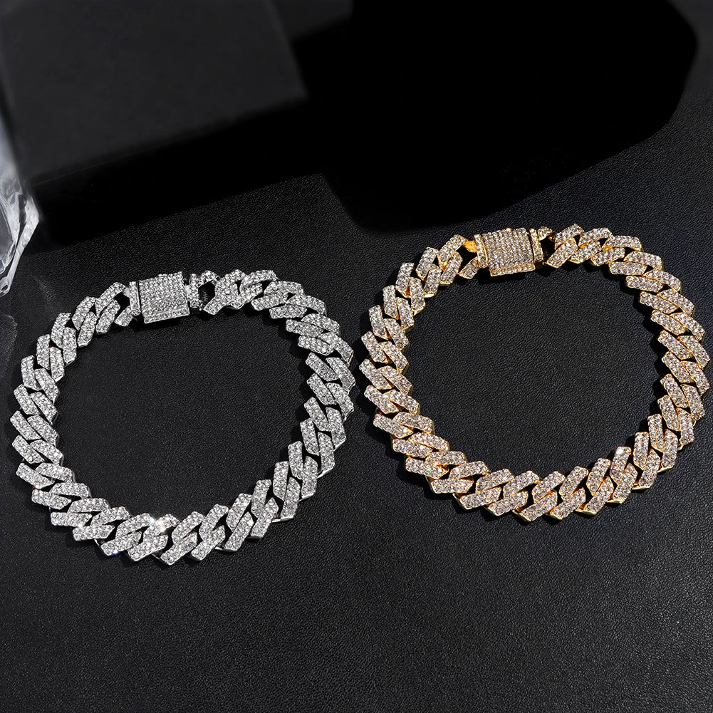 14MM Iced Prong Link Cuban Chain Bracelets for Men Women Full Rhinestones Chunky Miami Cuban Bracelet Punk Hip Hop Jewelry Gift