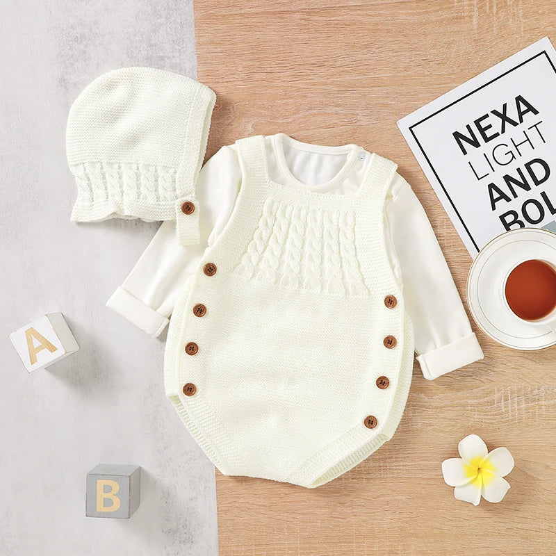 Baby Bodysuits Clothes Spring Autumn Sleeveless Knitting Newborn Boys Girls Solid Onesie Hats Sets 2pcs Infant Coveralls Outfits