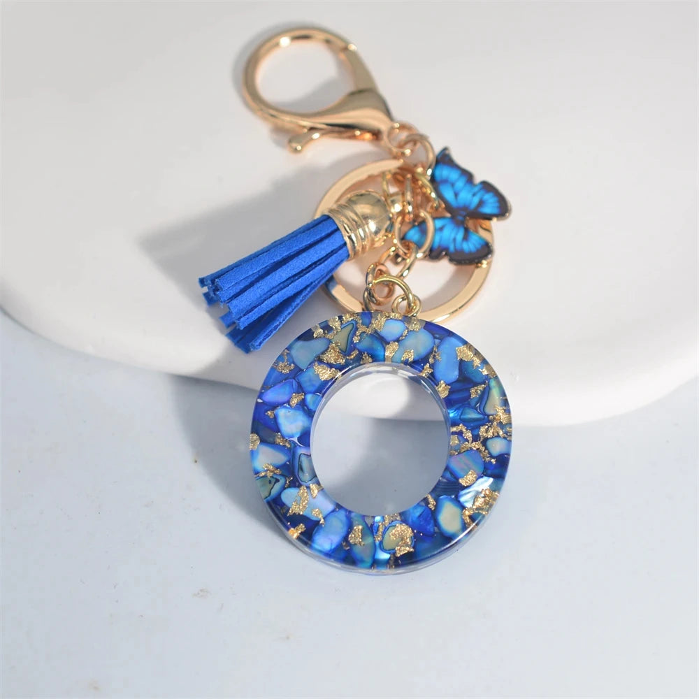 Fashion Blue Glazed Stone A To Z Letter Keychain 26 Initials Alphabet Butterfly Tassel Pendant Car Key Chain Women Jewelry GIfts