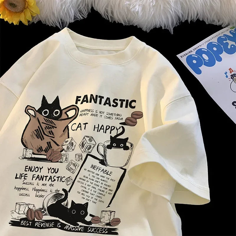 T Shirt Pullover Cartoon Cat Group Printed Casual Short Sleeve Couples