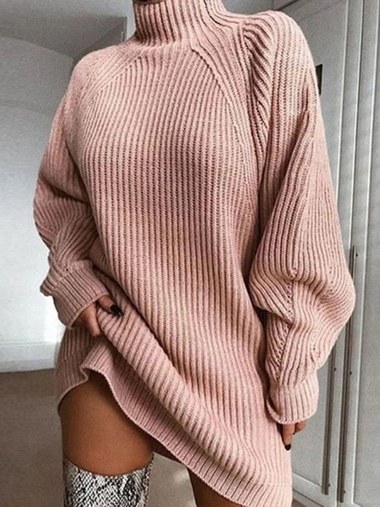 Women Turtleneck Sweater Dress Autumn Solid Long Sleeve Casual Elegant Mini Oversized Knitted Dress Winter Clothes