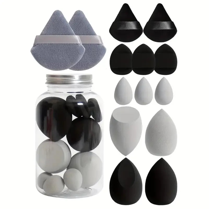 Makeup Sponge Set 14Pcs - Velvet Beauty Blenders, Finger Puff & Storage Jar