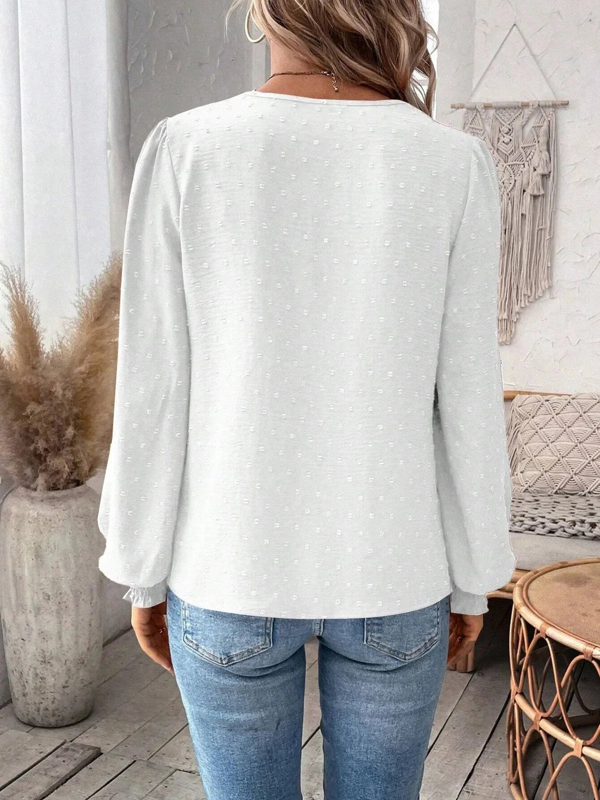 Luxury Lace Hollowed V-Neck Shirt Women Solid Color Long Sleeve Top Office Lady Elegant Daily Blouse