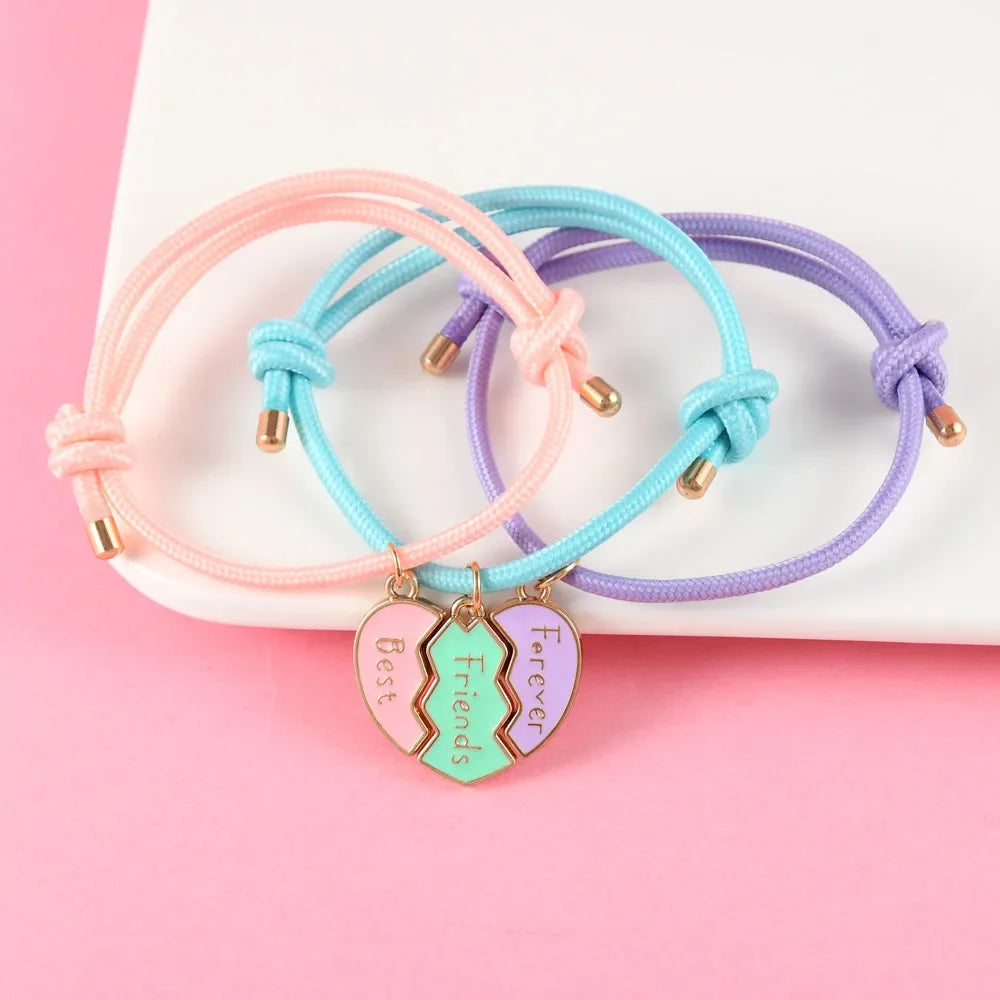 Lovecryst 3Pcs/set Heart-shaped Stitching Best Friend Forever Bracelet BFF Friendship Jewelry Gifts for Kids