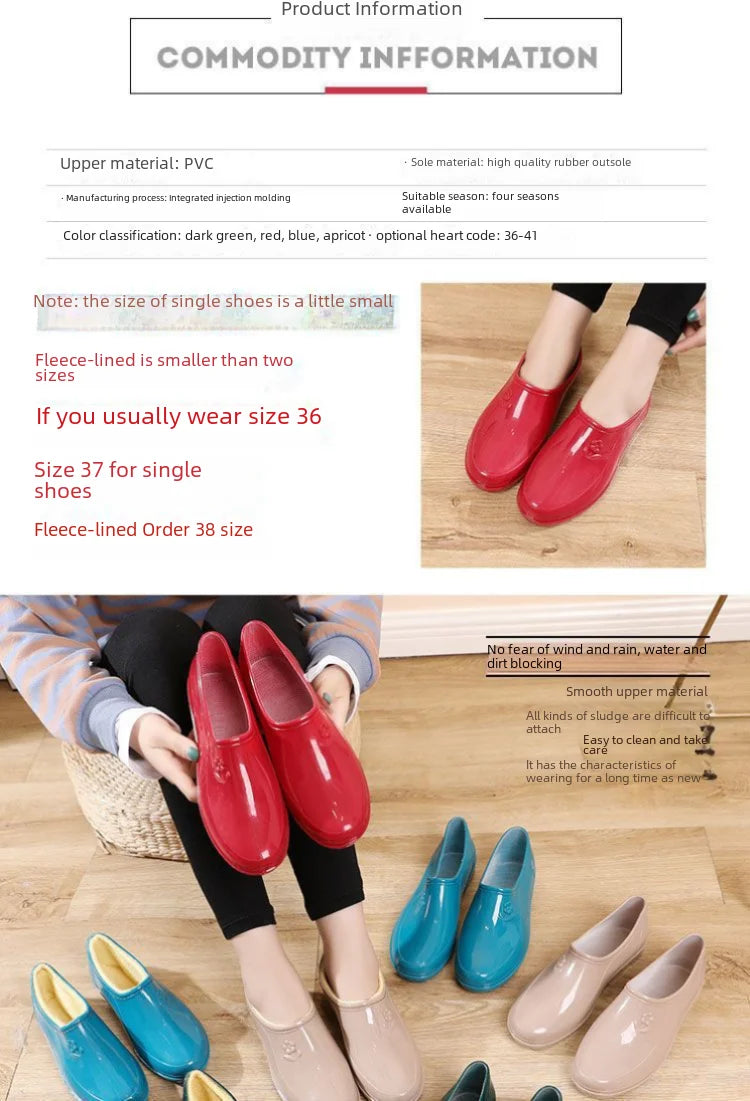 Spring Autumn Four Seasons Waterproof Anti-slip Low Heel Women Rain Boots Tube Light Pocket Kitchen Work Outdoor Rubber Boots