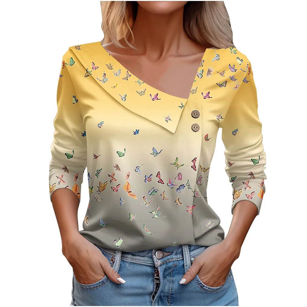 T Shirt For Women Fashion Long Sleeve Top White Floral Print Shirts And Blouses Autumn Winter Clothes For Women