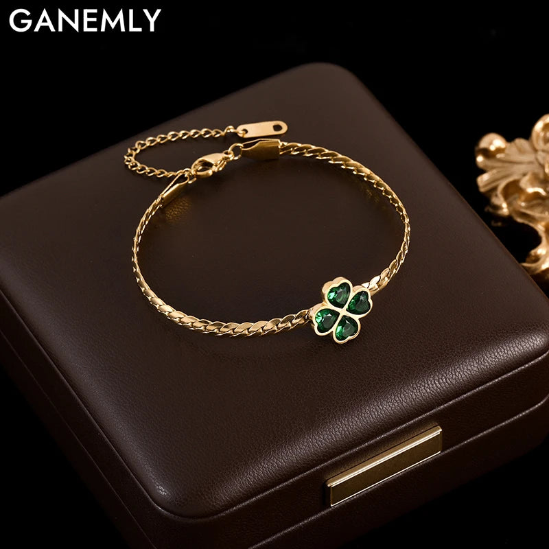 GANEMLY 316L Stainless Steel Green Crystal Clover Bracelet Bangle For Women Fashion Wrist Chain Waterproof Jewelry Gift Bijoux