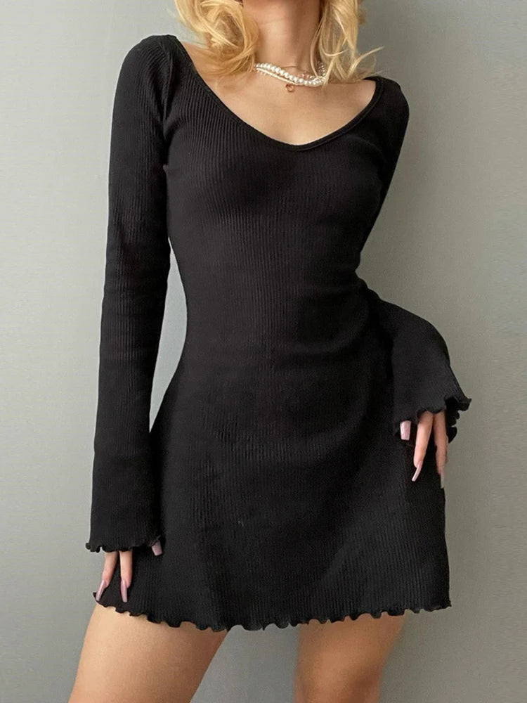 Knitting Elegant Dress For Women Spring Fall Solid Color V Neck Office Lady Irregular Hem Simple Basic Slim Dresses