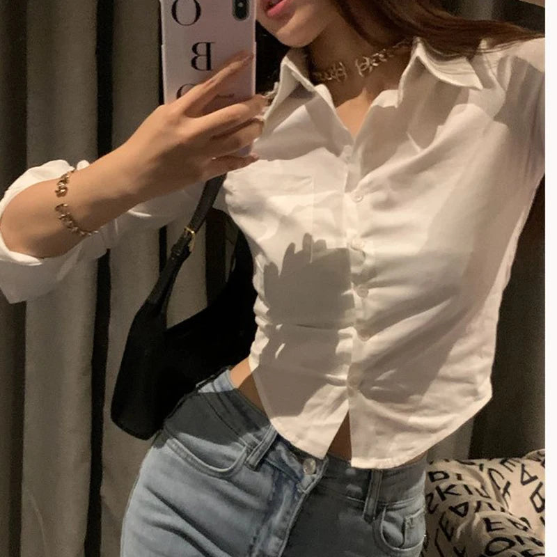 Gidyq Elegant Women Korean Shirts Fashion Streetwear Female Slim Blouse Spring Y2K Casual Office Ladies Sexy Cropped Tops New