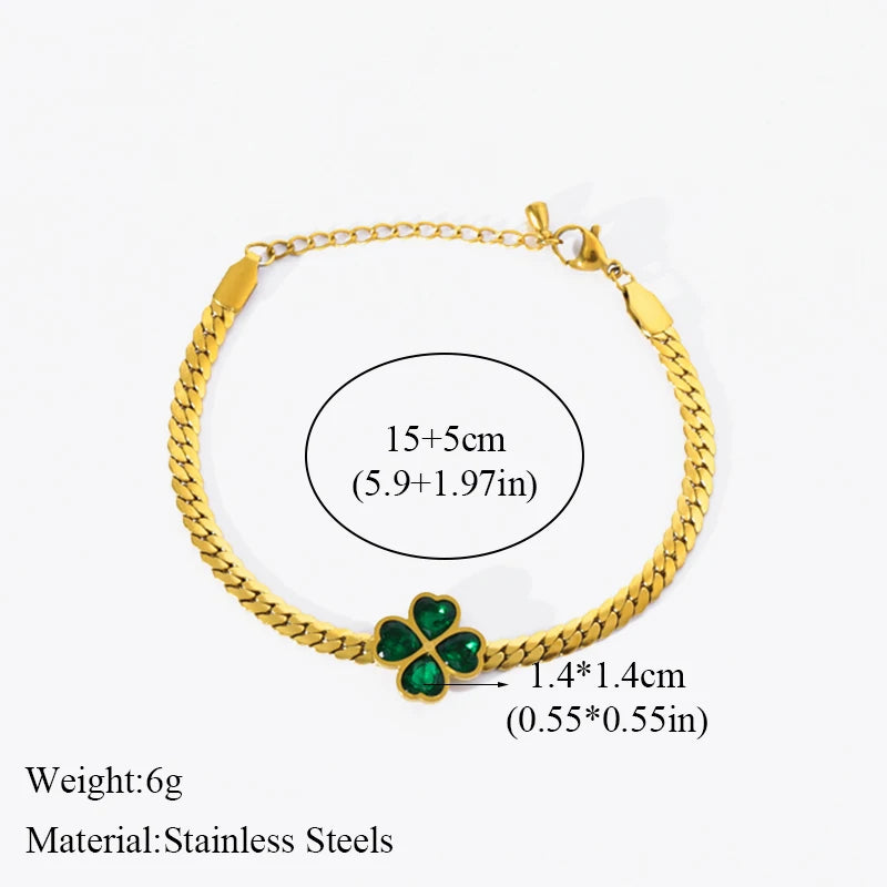 GANEMLY 316L Stainless Steel Green Crystal Clover Bracelet Bangle For Women Fashion Wrist Chain Waterproof Jewelry Gift Bijoux