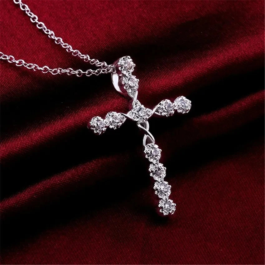 45cm 925 sterling silver Crystal Necklace wedding charms women lady noble Fashion Jewelry Classic Cross nice gift