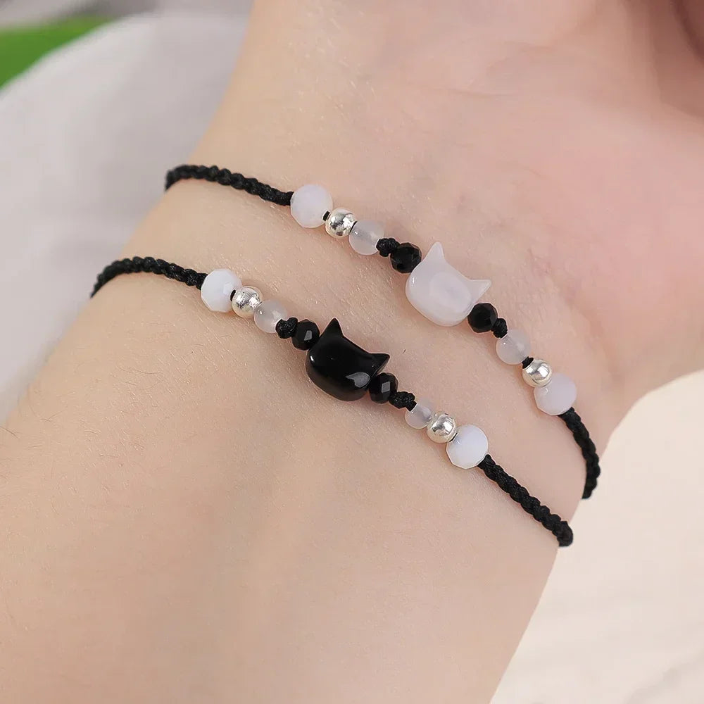 2pcs Natural Moonstone Obsidian Bracelets Couple Minimalist Bracelet Handmade Cute Black White Cat Bracelet Party Jewelry Gifts