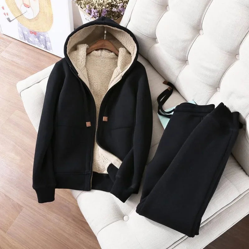 Winter Thicken Fleece Sweatshirts Hoodies Women Two-piece Suit Casual Sports Sets Female Short Coat Straight Pants 2-piece Sets