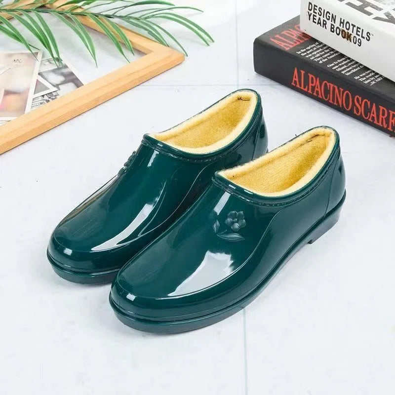 Spring Autumn Four Seasons Waterproof Anti-slip Low Heel Women Rain Boots Tube Light Pocket Kitchen Work Outdoor Rubber Boots