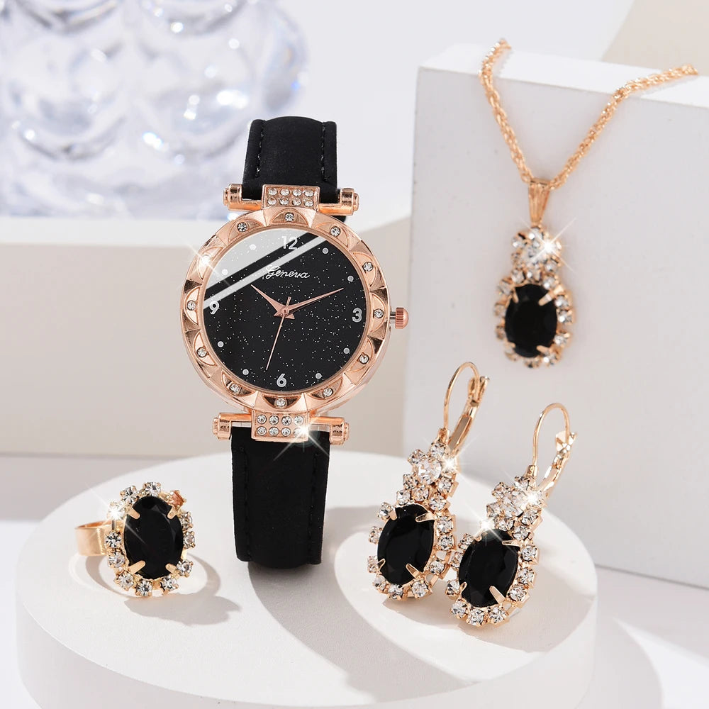 Womens Watches 5Pcs Set Luxury Rhinestone Women Fashion Elegant Wristwatch Quartz Watch For Girl WristWatch Bracelet Gift