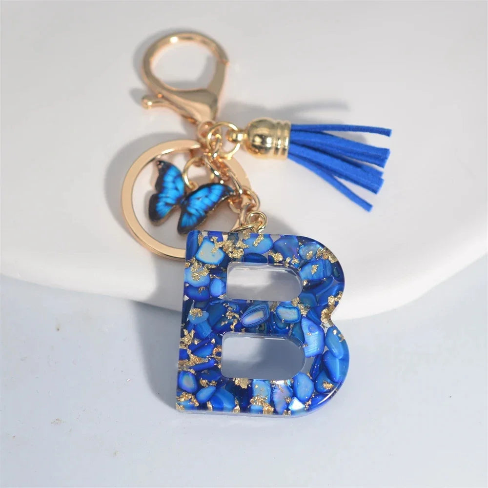 Fashion Blue Glazed Stone A To Z Letter Keychain 26 Initials Alphabet Butterfly Tassel Pendant Car Key Chain Women Jewelry GIfts