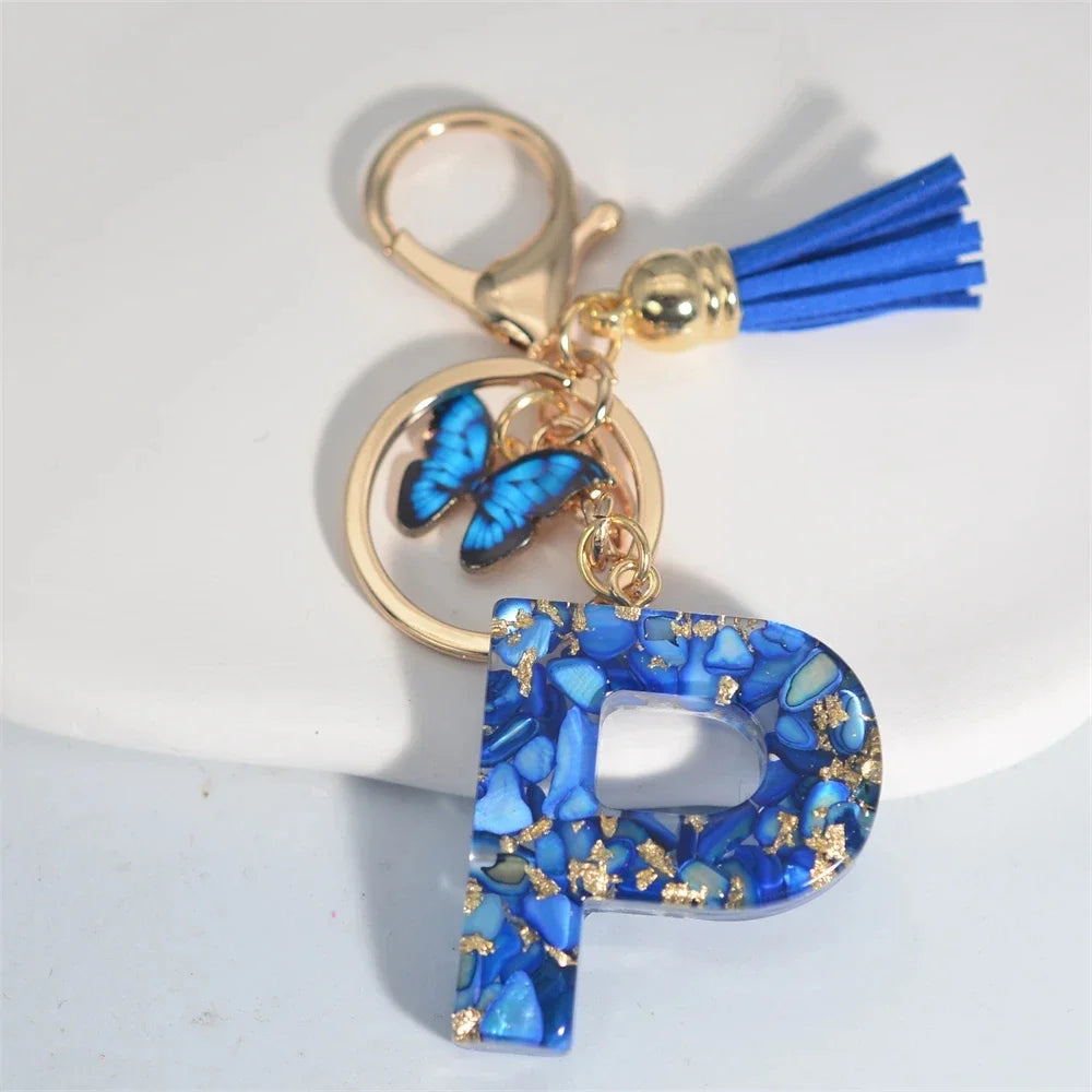 Fashion Blue Glazed Stone A To Z Letter Keychain 26 Initials Alphabet Butterfly Tassel Pendant Car Key Chain Women Jewelry GIfts