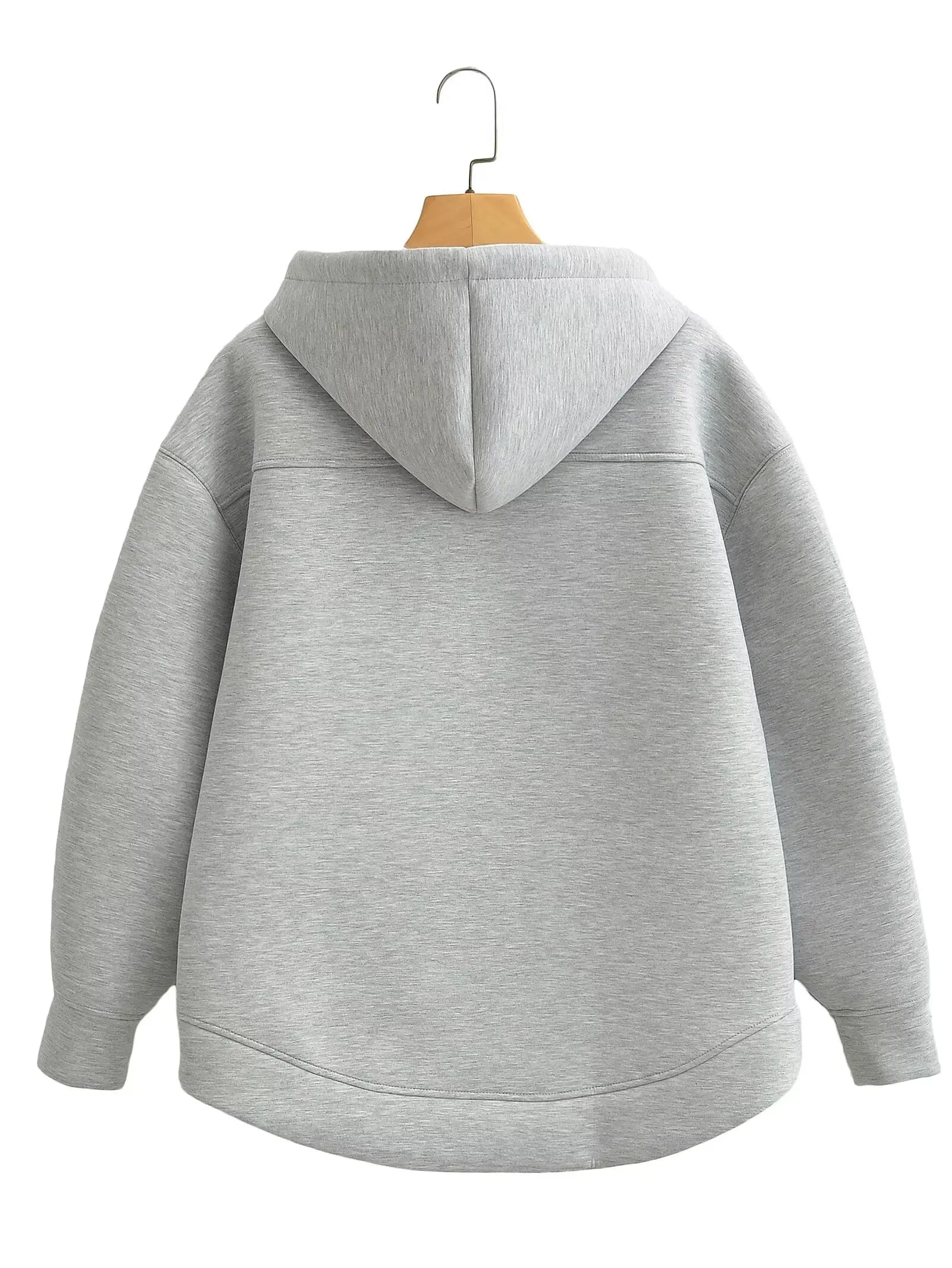 TRAFZA Autumn Women Gray Jacket With Hood Long Sleeve Big Pocket Zipper Jacket Coat Woman Loose Casual Outerwear Coat Tops