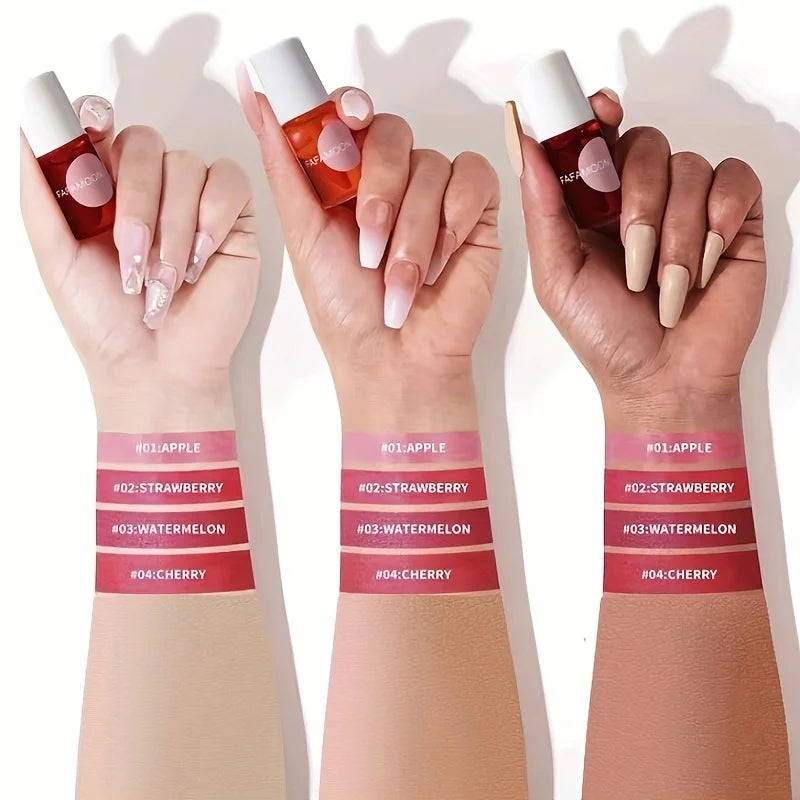 4 color Fruity Lip Tint Water Gloss Tint,Moisturizing Waterproof Liquid Lipstick, Non-Stick,High Pigment,Long-Lasting Colors