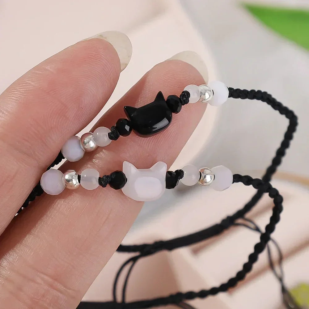 2pcs Natural Moonstone Obsidian Bracelets Couple Minimalist Bracelet Handmade Cute Black White Cat Bracelet Party Jewelry Gifts