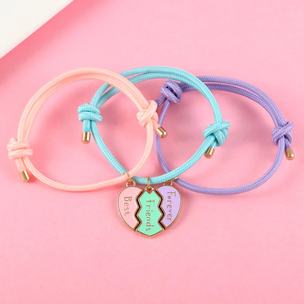 Lovecryst 3Pcs/set Heart-shaped Stitching Best Friend Forever Bracelet BFF Friendship Jewelry Gifts for Kids