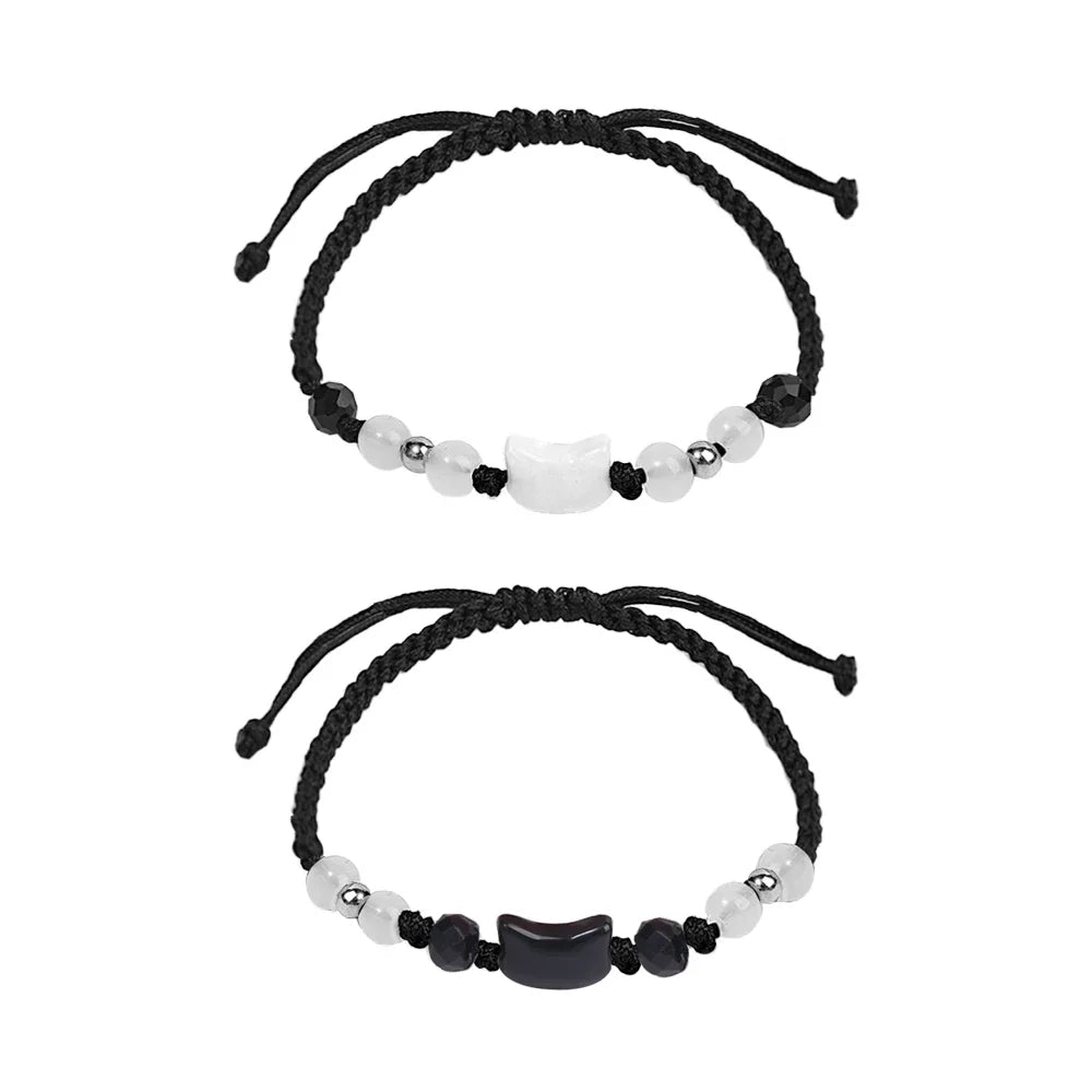 2pcs Natural Moonstone Obsidian Bracelets Couple Minimalist Bracelet Handmade Cute Black White Cat Bracelet Party Jewelry Gifts