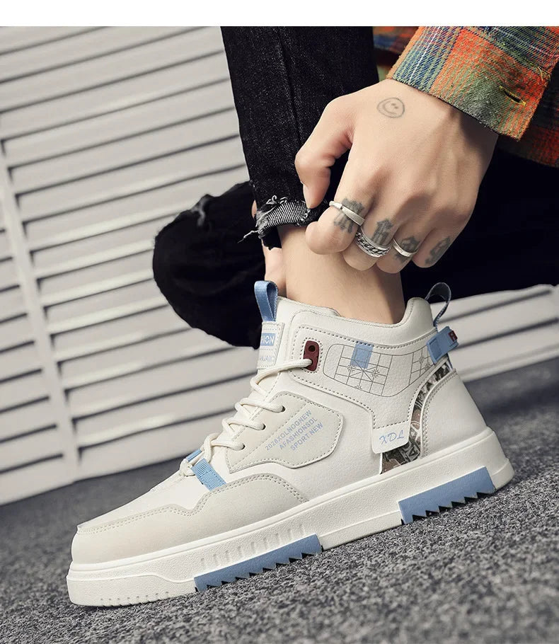 Spring Men's High-Top Breathable Shoes Thick Bottom Casual Sports Sneakers Fashionable All-Match White Shoes For Male Students