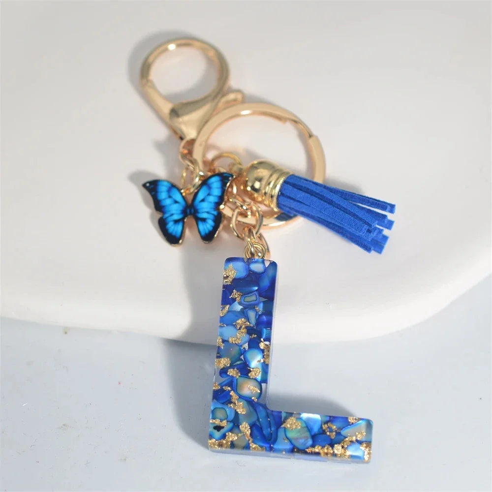 Fashion Blue Glazed Stone A To Z Letter Keychain 26 Initials Alphabet Butterfly Tassel Pendant Car Key Chain Women Jewelry GIfts