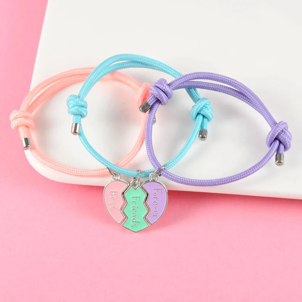 Lovecryst 3Pcs/set Heart-shaped Stitching Best Friend Forever Bracelet BFF Friendship Jewelry Gifts for Kids