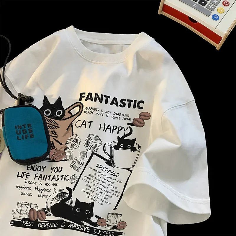 T Shirt Pullover Cartoon Cat Group Printed Casual Short Sleeve Couples