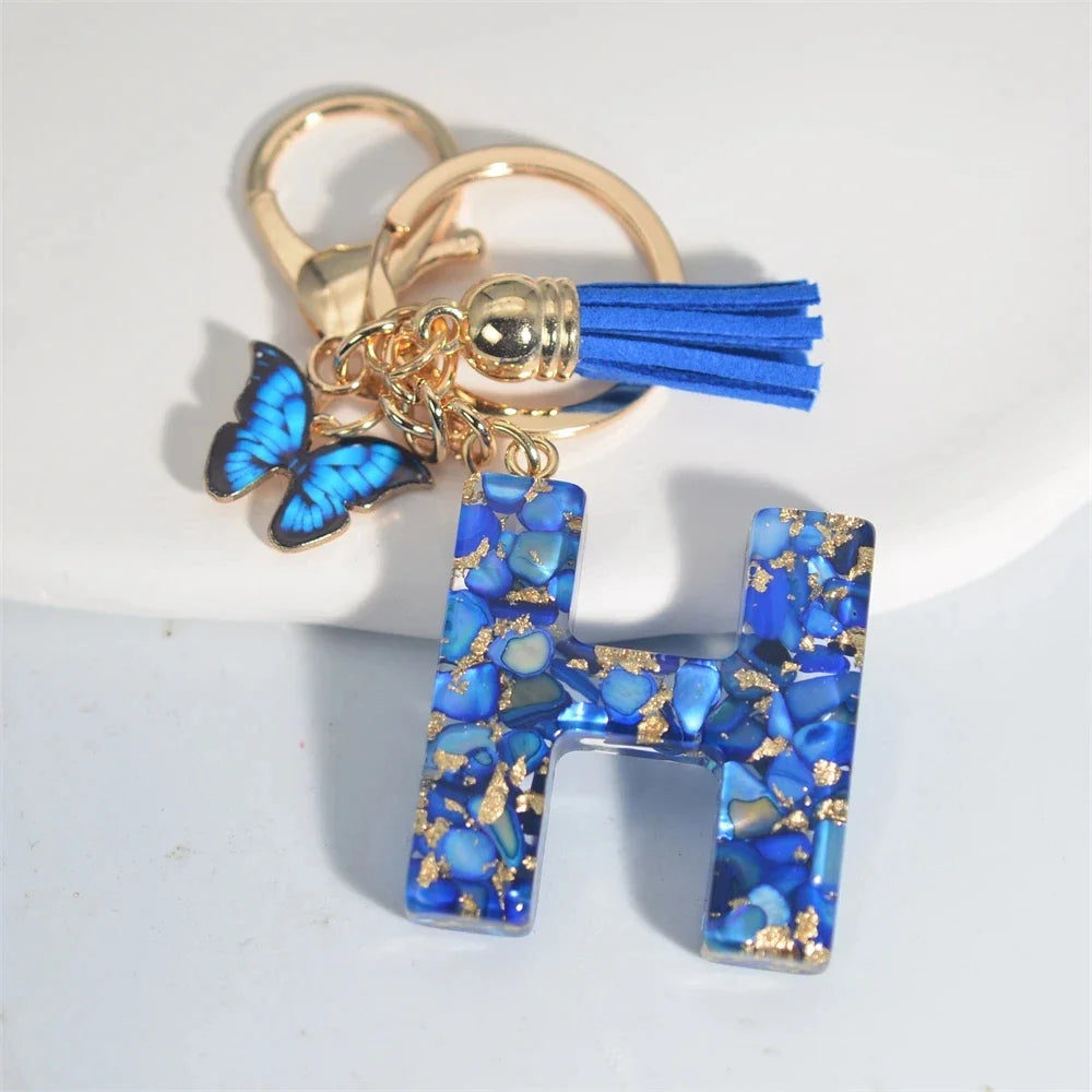 Fashion Blue Glazed Stone A To Z Letter Keychain 26 Initials Alphabet Butterfly Tassel Pendant Car Key Chain Women Jewelry GIfts