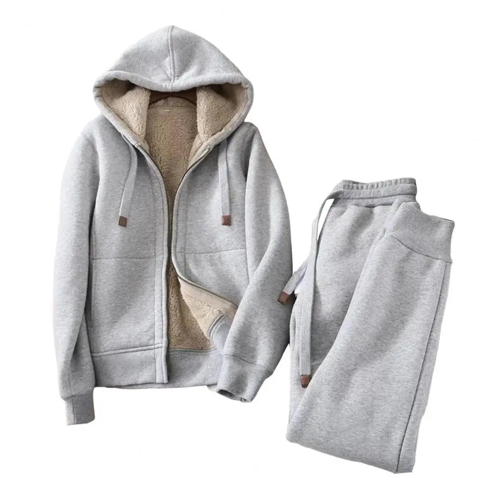 2-piece Sets Winter Thicken Fleece Sweatshirts Hoodies Women Two-piece Suit Casual Sports Sets Female Short Coat Straight Pants