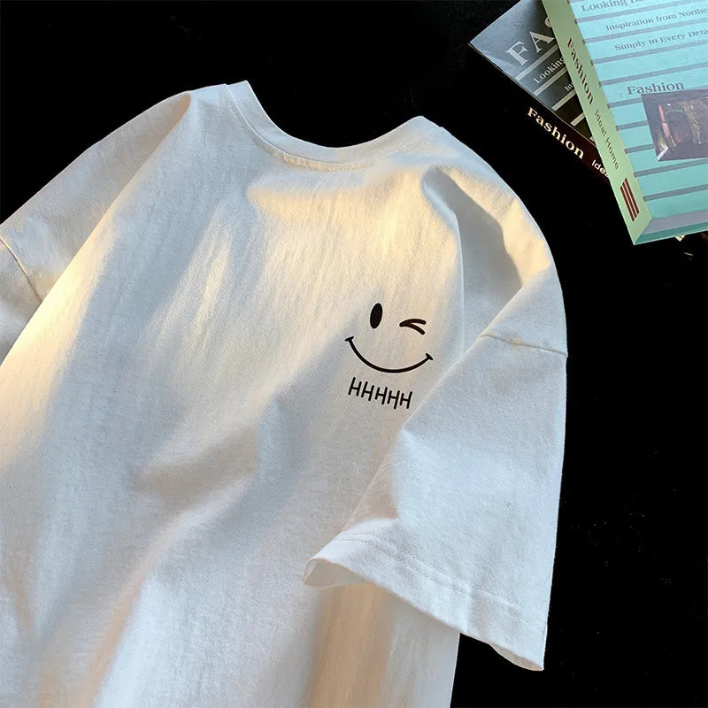 Men Women's Smiling Face Funny Fashion Couple Short Sleeved T-shirt American Basic Simple Oversized Loose Boys' Pullover Top