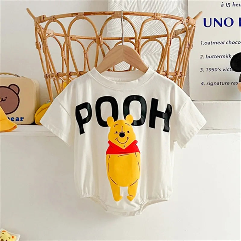 Disney Cartoon Pooh Bear Bodysuits Treasure Bag Fart Clothes Cotton Soft Summer Baby Clothes Newborn Photography Romper K5652