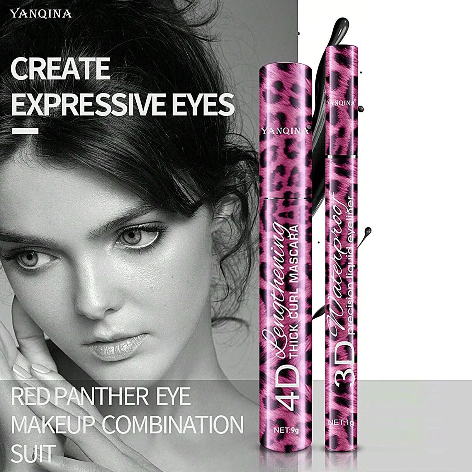 YANQINA 4D Waterproof Eyeliner & Mascara Set - Thick Curl, Eyebrow Pencil Makeup