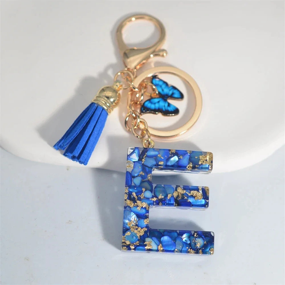 Fashion Blue Glazed Stone A To Z Letter Keychain 26 Initials Alphabet Butterfly Tassel Pendant Car Key Chain Women Jewelry GIfts