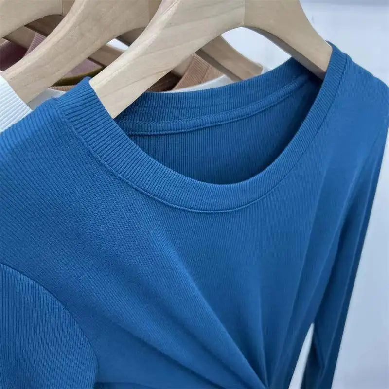 Autumn Office Lady Basic O-Neck Slim T-Shirt Women Solid Multi Color All-Match Trend Casual Top Screw Thread Long Sleeve Elastic