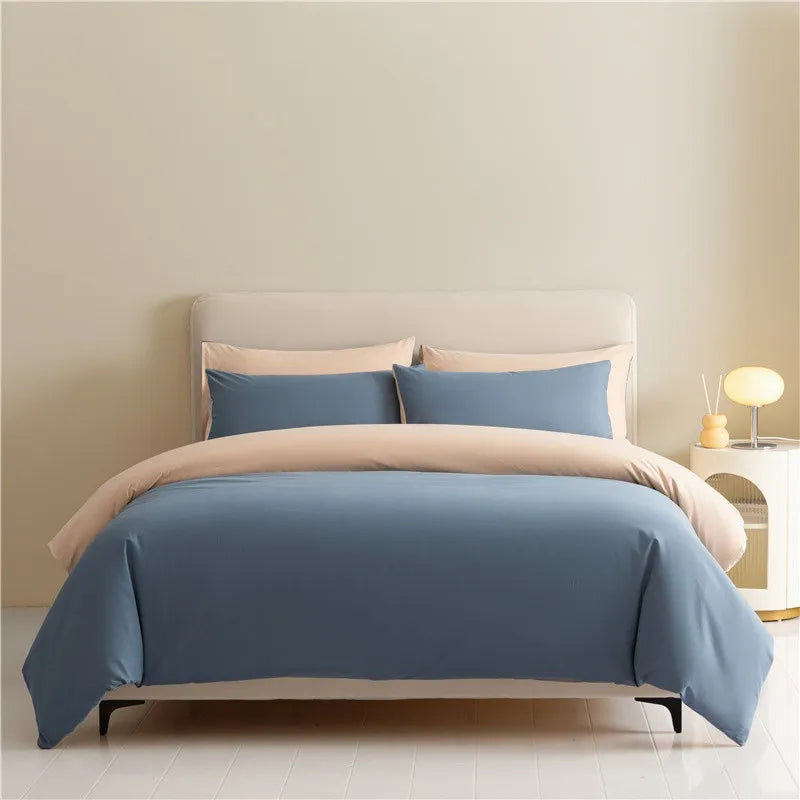 100%Brushed Cotton Solid Plain Reversible Duvet cover+2Pcs Pillowcases Twin Double Queen King size 3Pcs Soft Bedding set