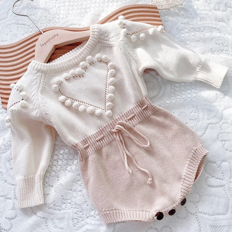 Spring Lovely Heart Jumpsuit Infant Baby Girl Knitted Clothes Love Romper Bodysuit Outfit Autumn Cotton Knitted Sweater Bodysuit