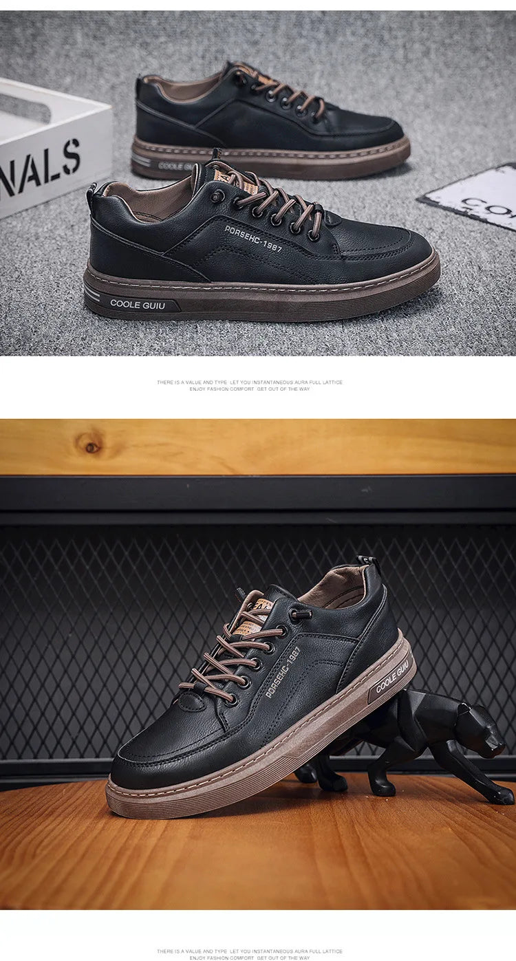 Mens Leather Shoes Fall Fashion Sneakers for Driving Walking Office, Comfortable Men Slip on Skate Flats Non Slip Youth Shoe