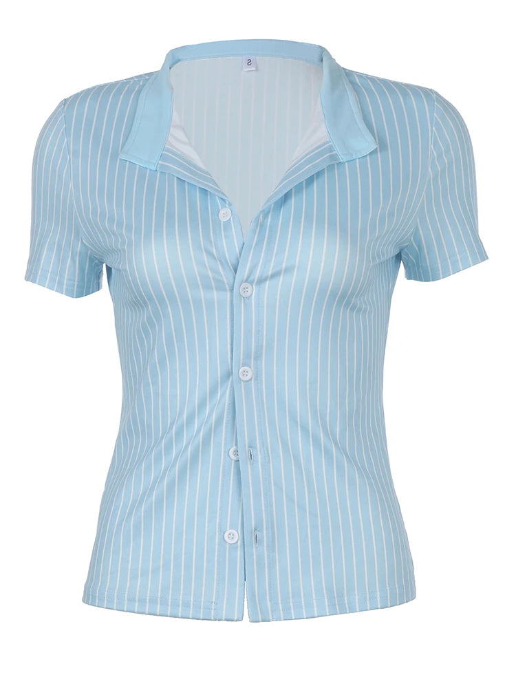 Sweetown Blue Stripe Short Sleeve Shirts For Women Button Up Turn Down Collar Slim Simple Casual Preppy Tops Basic Summer Tees