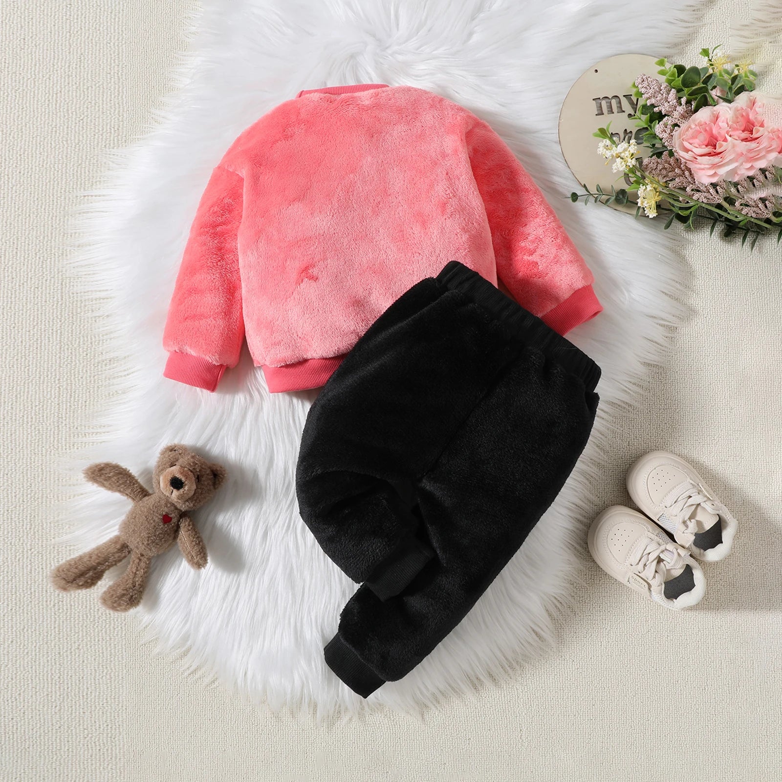 2PCS Kids Coral Plush Cute Teddy Bear Hoodie Autumn Winter Warmth Set Boys Girls Children Babies Warm Costume Suit 0-24M