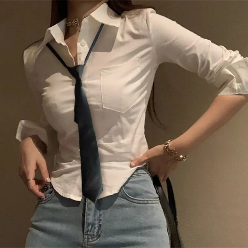 Gidyq Elegant Women Korean Shirts Fashion Streetwear Female Slim Blouse Spring Y2K Casual Office Ladies Sexy Cropped Tops New