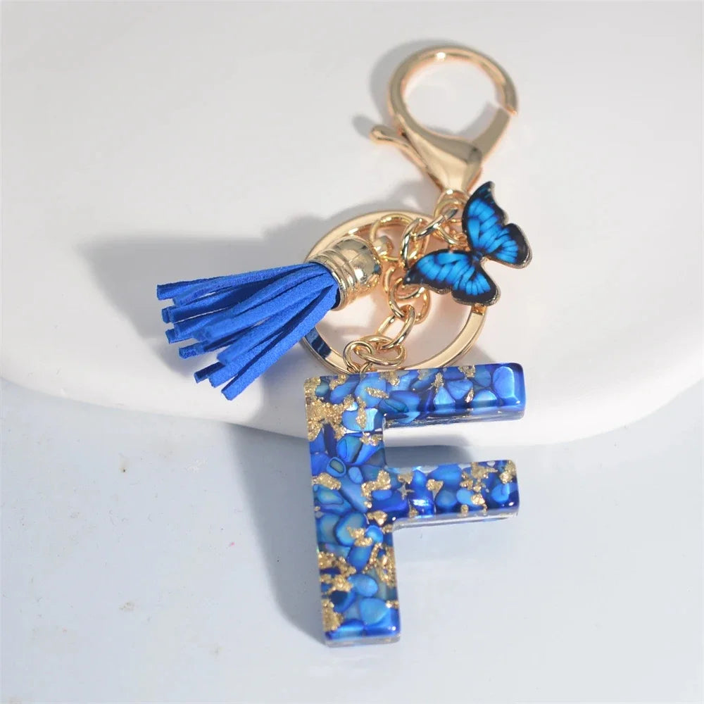 Fashion Blue Glazed Stone A To Z Letter Keychain 26 Initials Alphabet Butterfly Tassel Pendant Car Key Chain Women Jewelry GIfts