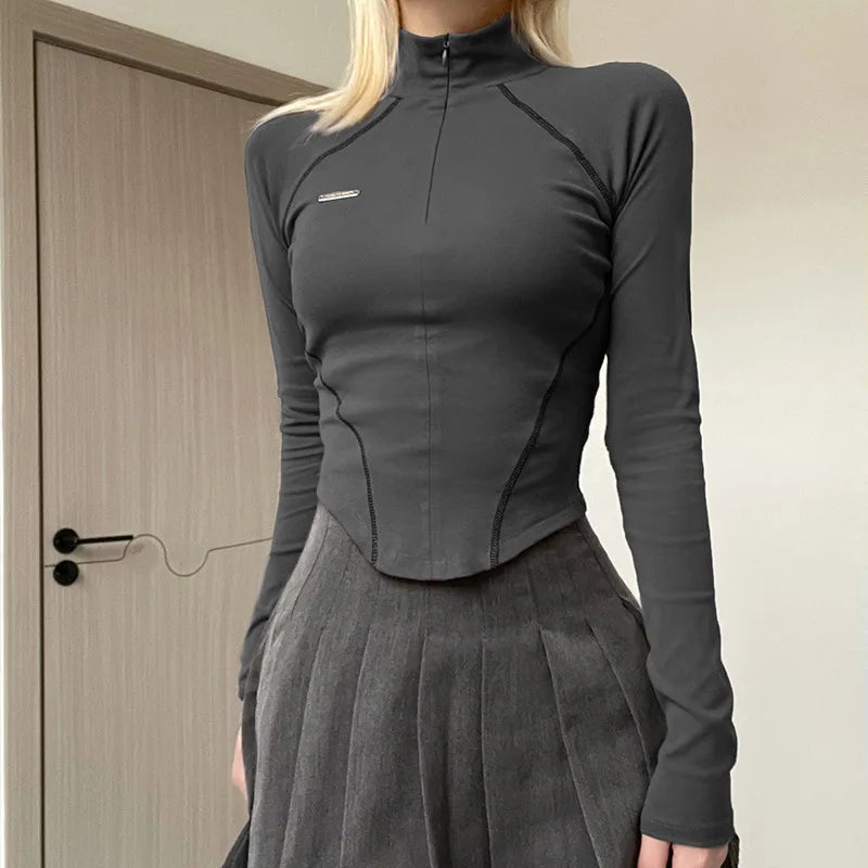 Casual Zip Up Turtleneck Crop Top Stitched Long Sleeve Skinny T-shirts y2k Aesthetic Streetwear Harajuku Women Clothing