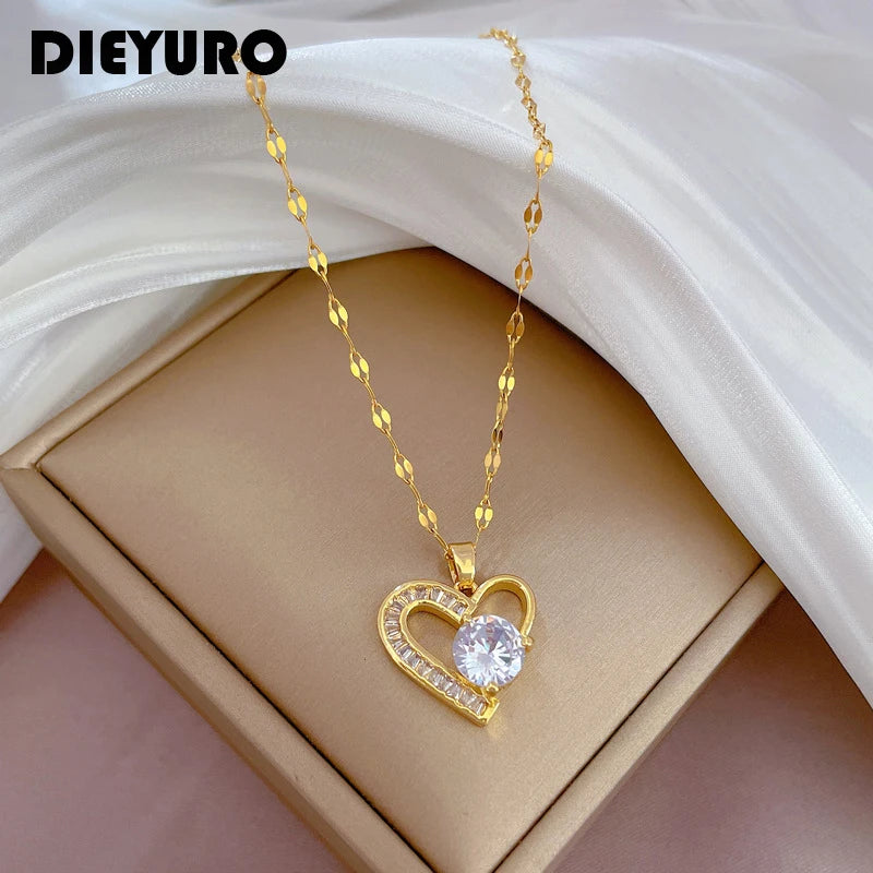 DIEYURO 316L Stainless Steel Asymmetrical Heart Zircon Pendant Necklace For Women New Luxury Girls Clavicle Chain Jewelry Gifts